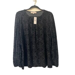LOFT  L Puff Sleeve‎ Floral Velvet Burnout Blouse Shirt Top Black New Y2K Goth